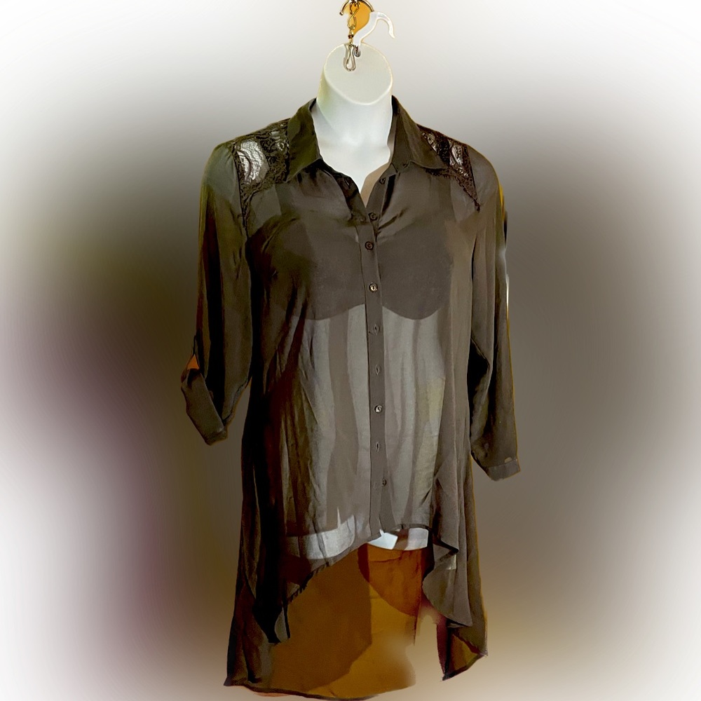 City Chic, Open/Drape Back, Hi/Low,Semi-Sheer, Long Sleeve Blouse, Lace, Size 14
